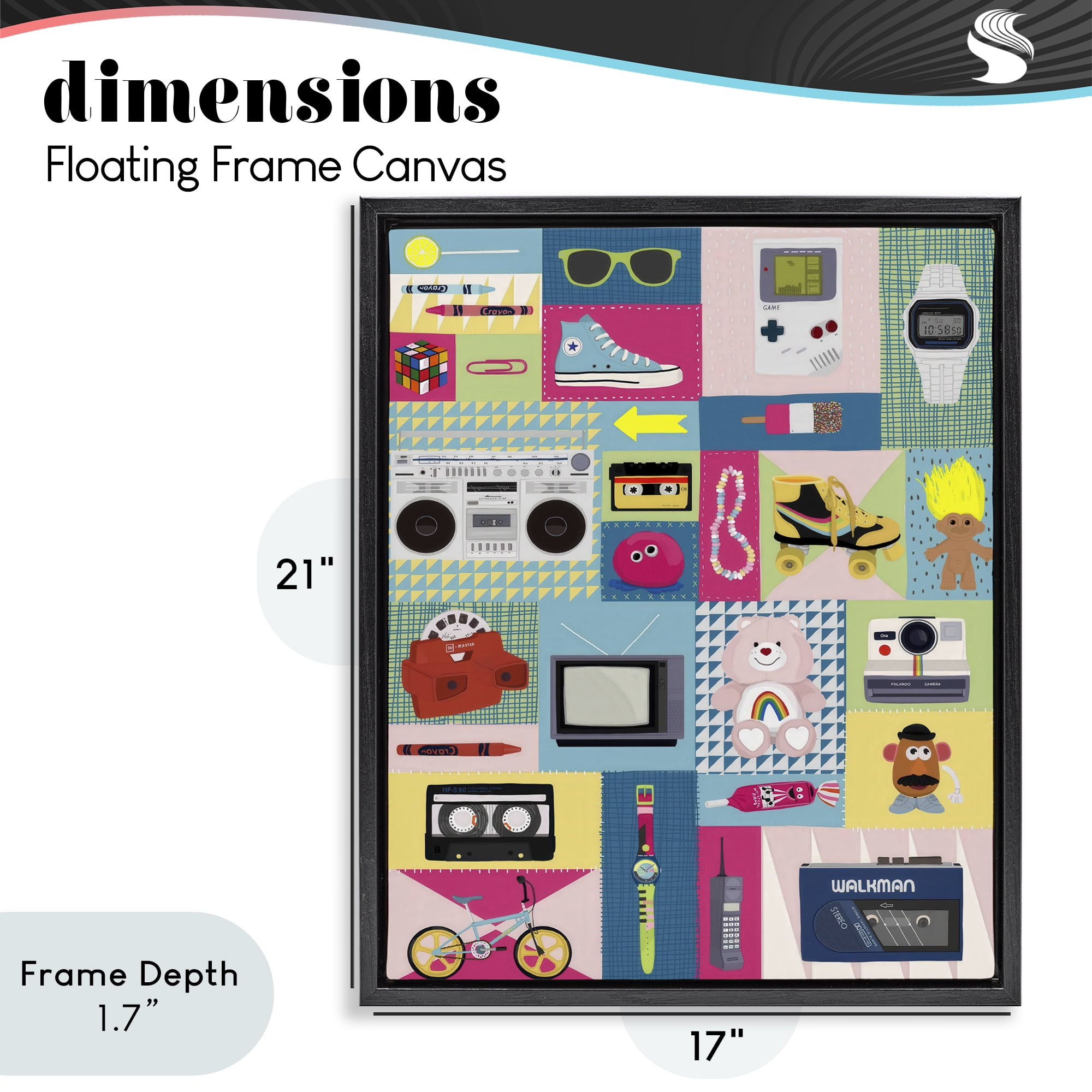 Stupell Industries Retro 80's Patchwork Collection Black Framed Floater Canvas Wall Art, design by Hanna Melin