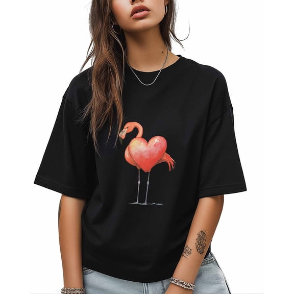 T Shirts for Women Short Sleeve Cotton Crewneck T-Shirt, Flamingo Red Heart Tee Tops Casual Basic T-Shirts, XS-5XL Black XXL
