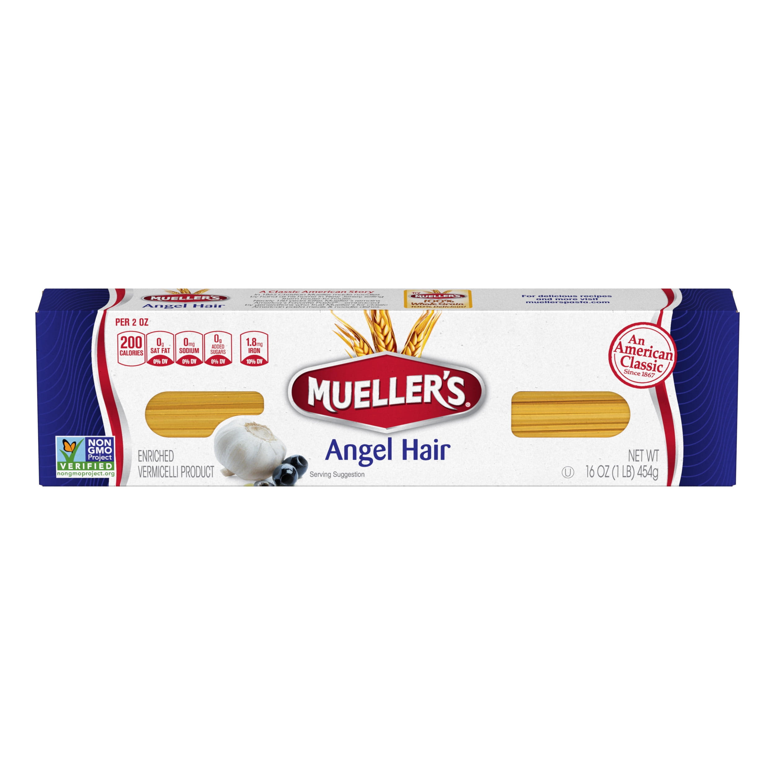 (2 pack) Mueller's Sodium-Free, Cholesterol-Free Angel Hair Capellini Pasta, 16 oz (Shelf-Stable)