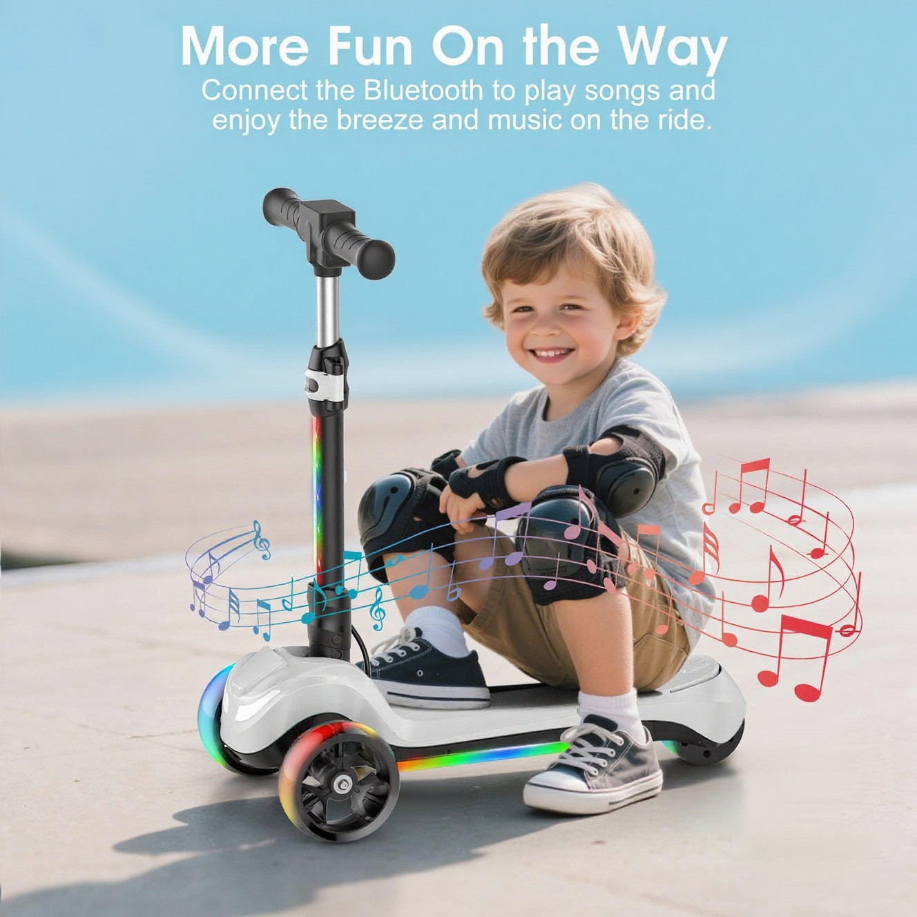 Electric Scooter for Kids Age 3-6, Bluetooth & Display Foldable 3-Wheel Escooter, Light-Up Wheels & Pedal Adjustable Scooter, 2-Speed Electric Ride On Toys (White)