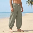 thumbnail image 2 of BVnarty Men's Solid Linen Beach Jogger Pants Loose Drawstring Elastic Waist Casual Long Trousers with Pockets for Vacation Outdoor Army Green XXXL, 2 of 9