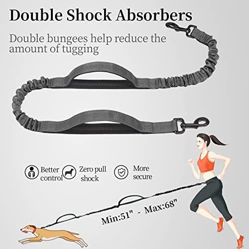 Hands Free Dog Leash with Zipper Pouch, Dual Padded Handles and Durable Bungee for Walking, Jogging and Running Your Dog (Large, 25-120 lbs, Grey)