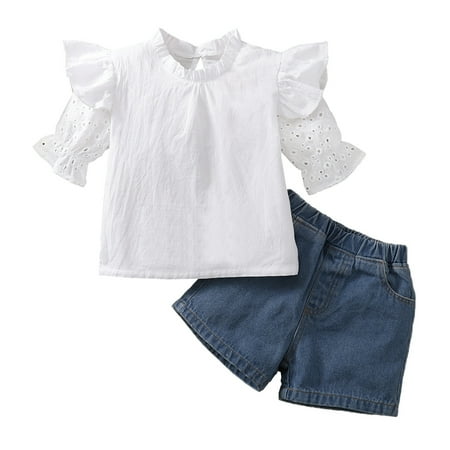 

OLLUISNEO Toddler Baby Girl Summer Shorts Set Ruffle Sleeve Crew Neck Solid Color T-Shirt + Denim Shorts Baby Girl Outfit 3-4 Years