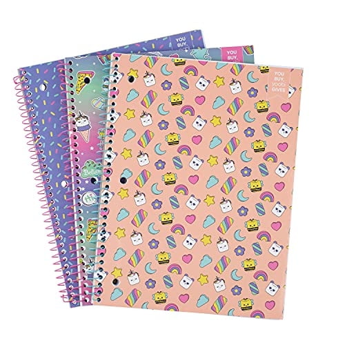 Cuadernos espirales impresos Yoobi (conj. de 3) - Estampados confites, sueños dulces y malvavisco - 1 materia 100 hojas rayadas - Perforados 3 orificios - Cuadernos a granel sin PVC - Paquete de 3