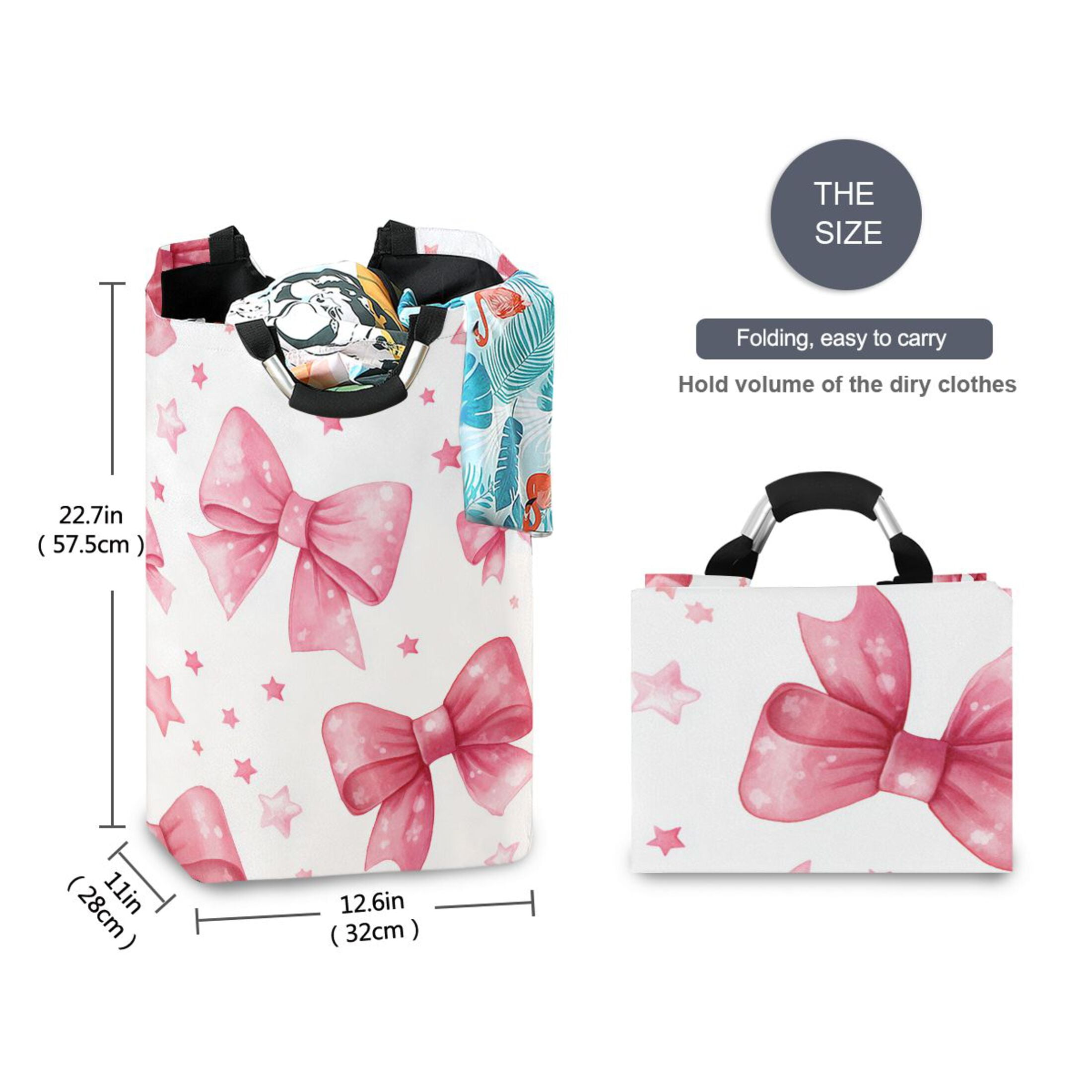 Pink Bows and Stars Laundry Basket with Handles Foldable Laundry Hamper Freestanding Washing Bin 50L