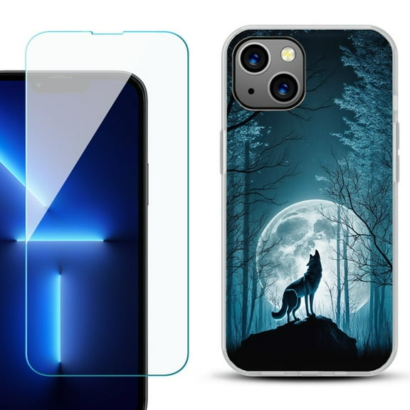 OneToughShield ® for iPhone 15 Fashion Phone Case, with Tempered Glass Screen Protector - Wolf Moon