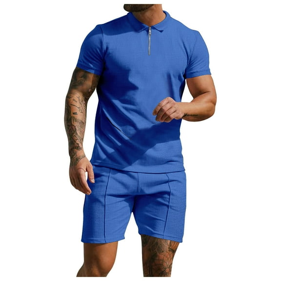 YYDGH Men's Two Piece Shorts Set Summer Casual Daily Outfits Oversized Short Sleeve Zip Up Lapel Polo Shirt and Wide Leg Pants