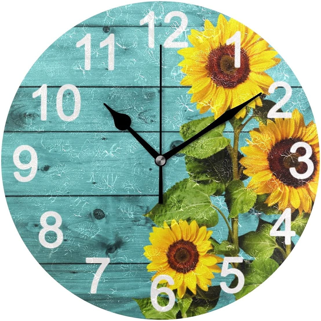 Teal Turquoise Sunflowers Round Wall Clock for Kitchen Bathroom Silent