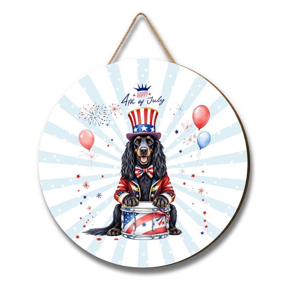 Happy 4th of July Patriotic Afghan Hound Marching Band Uniform Balloons Fireworks Round Wood Sign Dog Lover Hanging Wall Home Decor - 13009