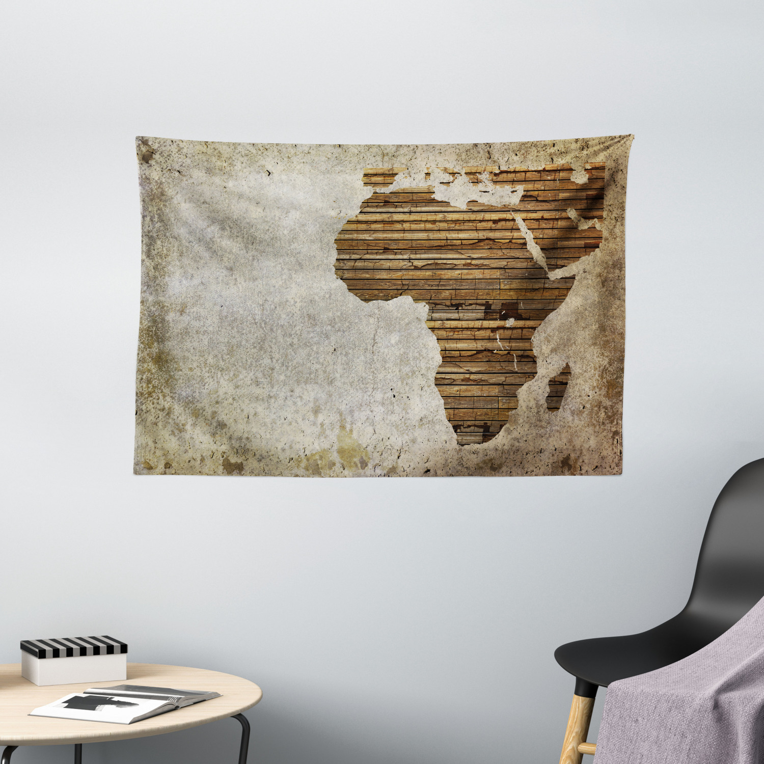 African Decor Tapestry, Geography Theme Grunge Vintage Wooden Plank