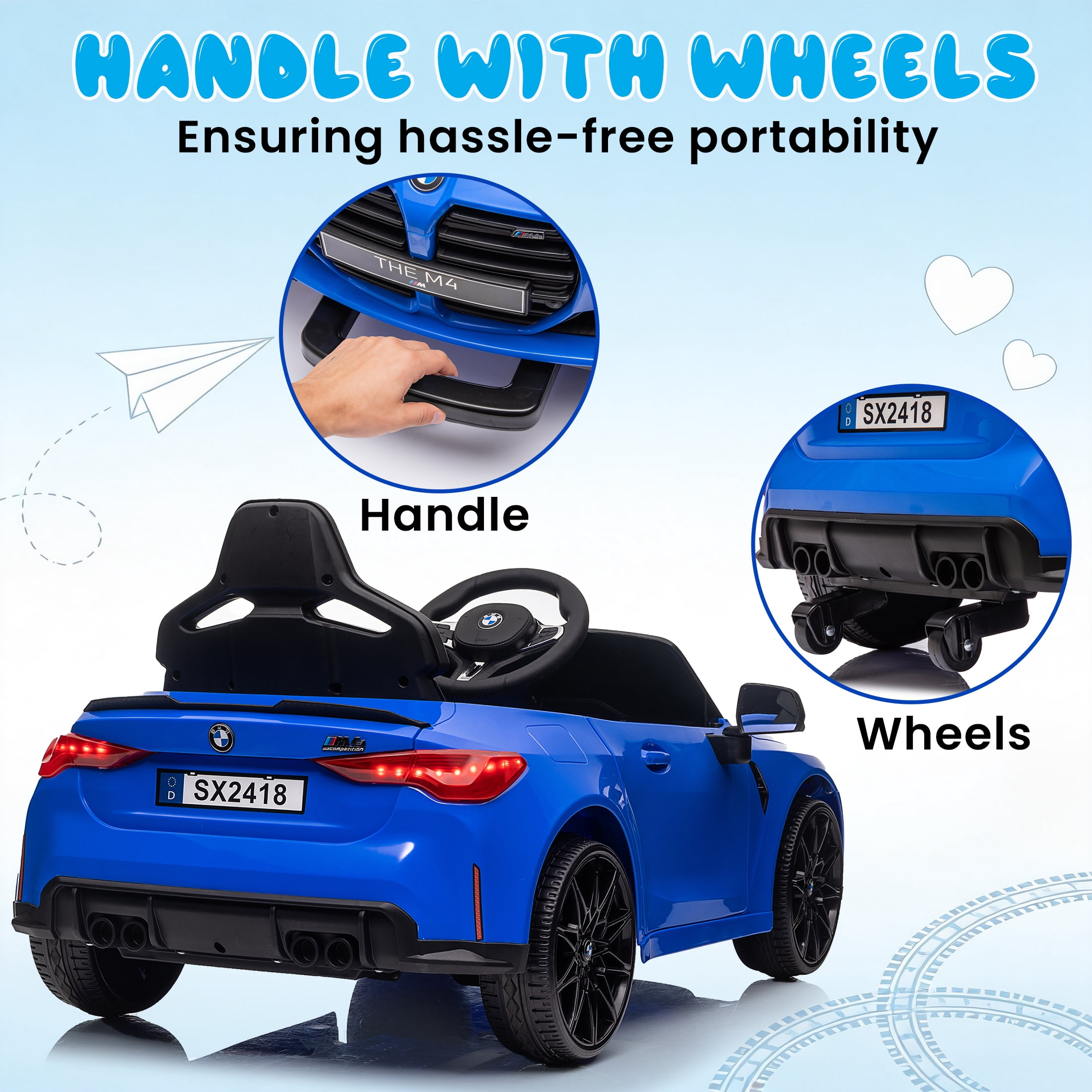 BMW M4 12V Kids Ride On Toy Car with Parents Remote, Electric Car with USB/MP3, Bluetooth, LED Light, Toddler Car with A Handle with Wheels and A Pull, Easy to Carry, Gift for Boys Girls 2-5, Blue