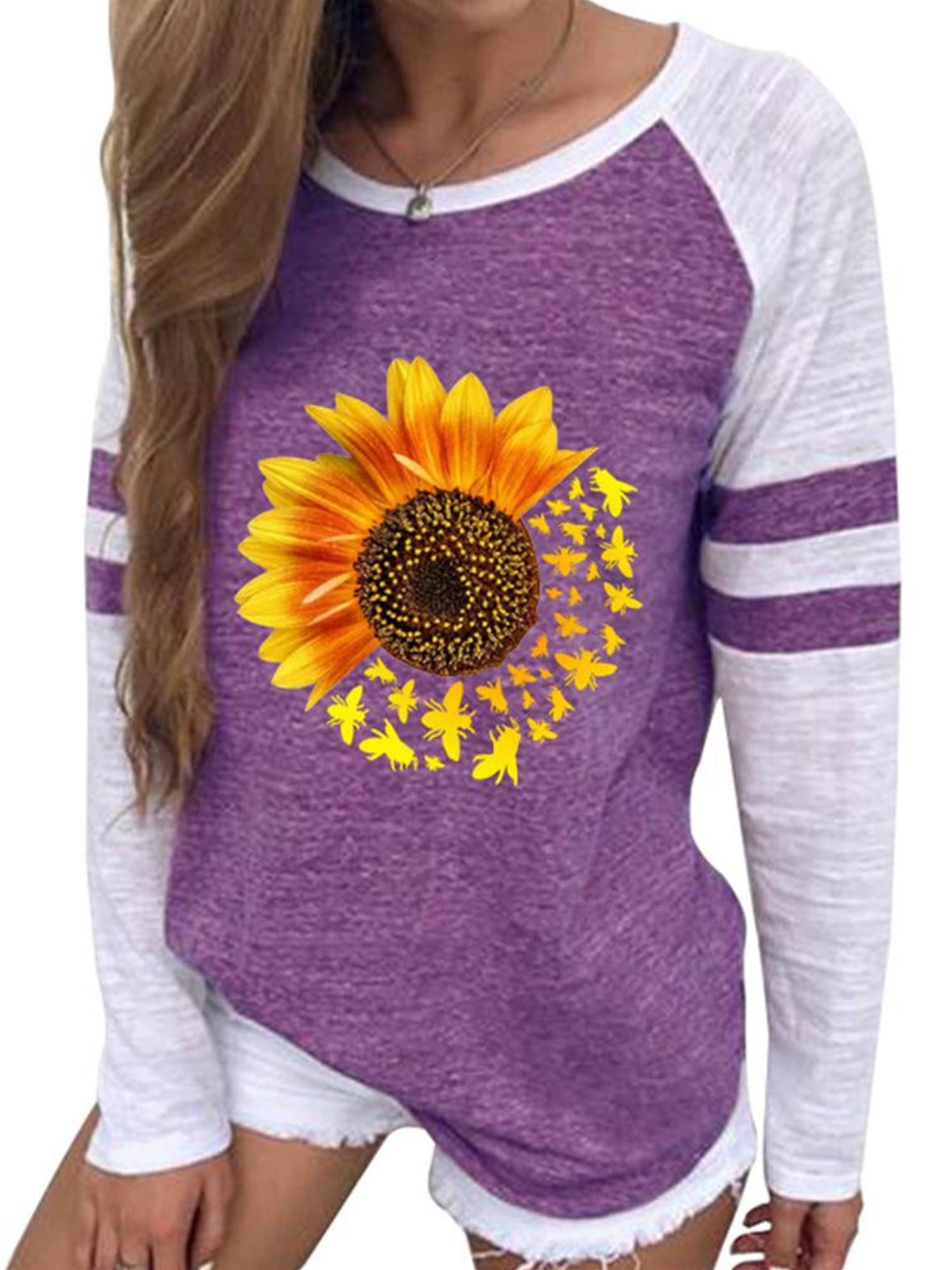 NANTE Top Loose Womens Blouse Let It Be Sunflower Print T-Shirt O Neck Shirts Long Sleeve Tops Womens Clothes Costume Clothing NANTE Top Loose Womens Blouse Let It Be Sunflower Print T-Shirt O Neck Shirts Long Sleeve Tops Womens Clothes Costume Clothing