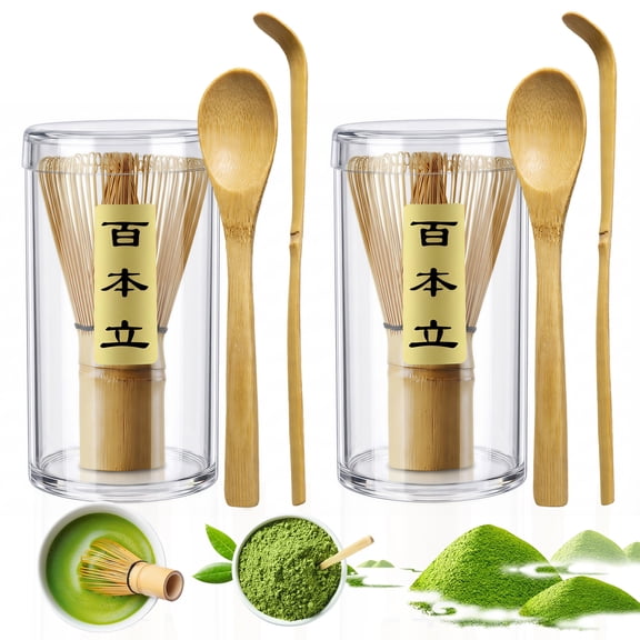 8 Pcs Matcha Whisk Set with Scoop and Tea Spoon Natural Bamboo Matcha Set with Transparent Plastic Storage Canister to Make a Traditional Cup of Japanese Tea