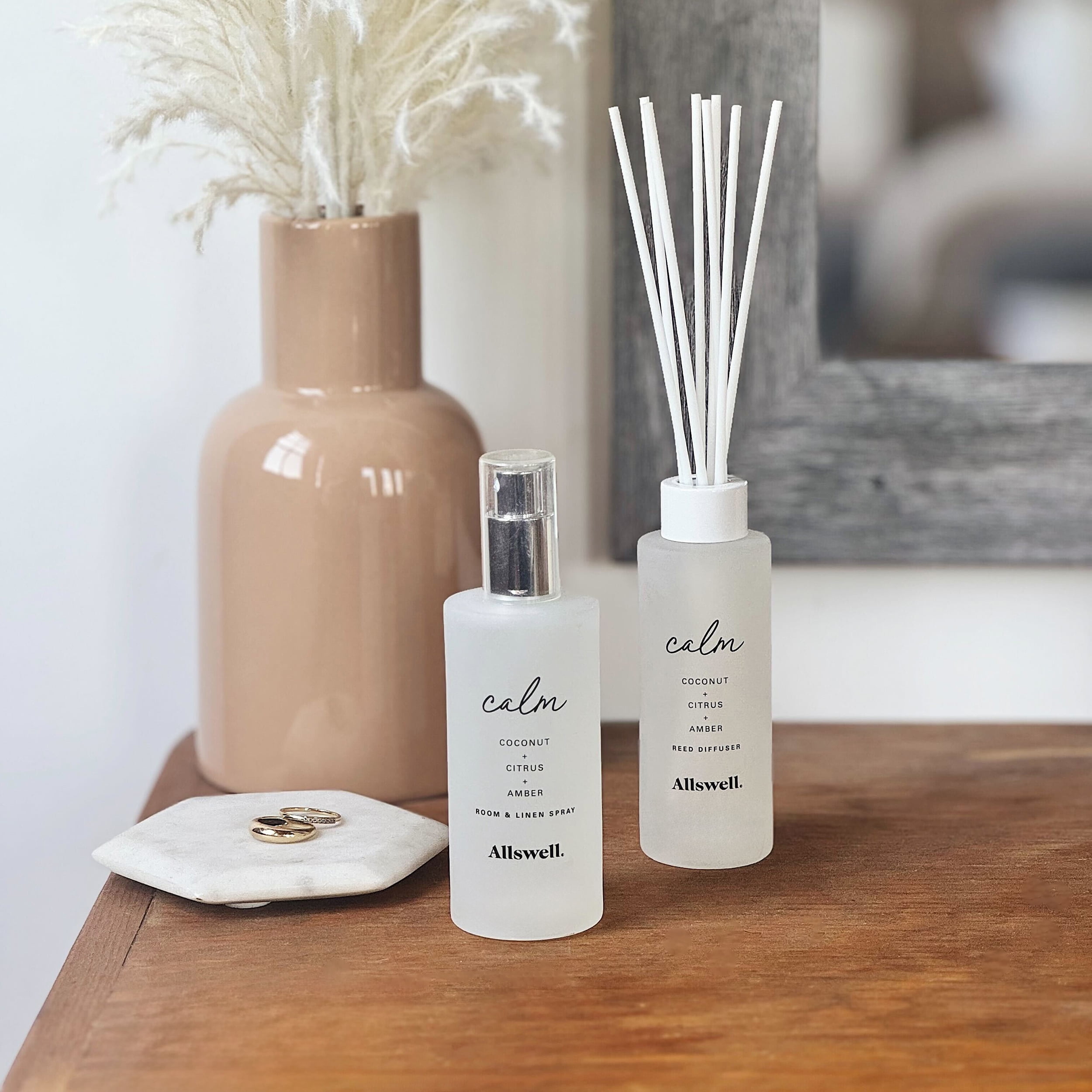 Allswell Calm (Coconut + Citrus + Amber) Scented Reed Diffuser 3 Fl Oz (90mL) With 8 Synthetic Reeds.