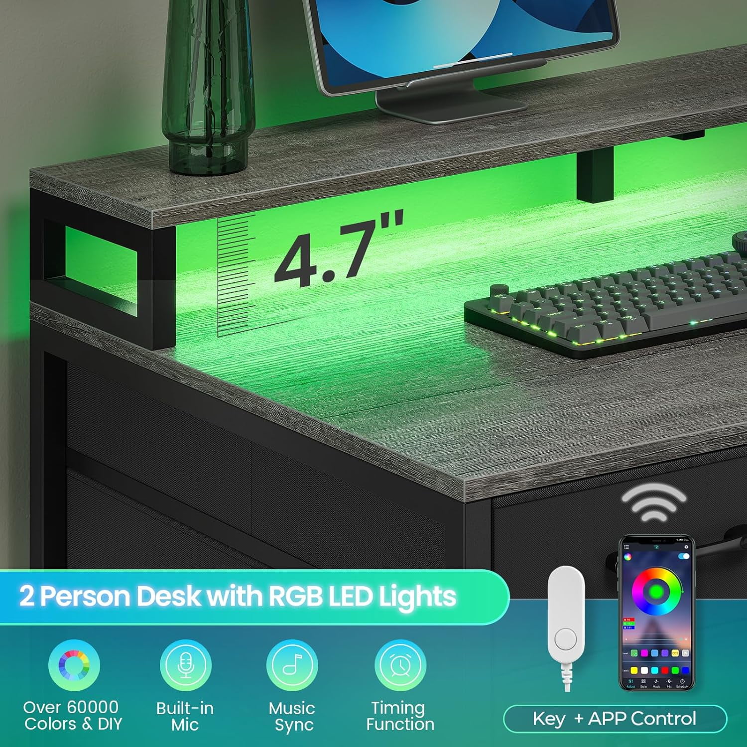 2 Person Desk with Storage, 94.5" Long Desk with 8 Drawers and Open Shelves, Home Office Desk with Monitor Stand and Power Outlets, Gaming Desk Dual Person Desk with LED Lights, Grey
