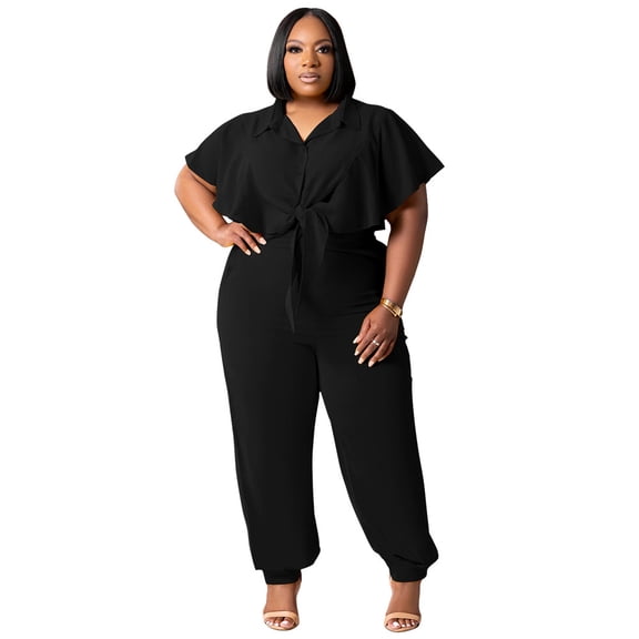 AURA Women Plus Size Two Piece Outfit Casual Knot Top Pants Set Summer Fashion