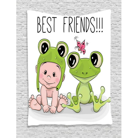 Animal Decor Wall Hanging Tapestry, Cute Cartoon Baby In Froggy Hat And Frog Best Friends Love Theme Graphic Print, Bedroom Living Room Dorm Accessories, By