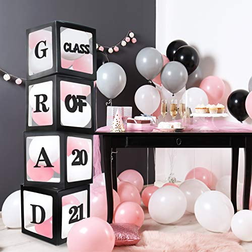 LINGTEER 4 Pieces Black Balloons Box for Graduation Party with 2 Pcs " GRAD " and " Class of 2021 " Letter Perfect for School Grad Party Decorations Supplies