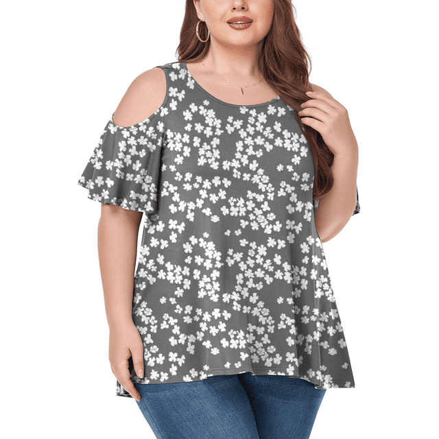 CHUANK Women‘s Plus Size Cold Shoulder Tunic Top Summer Short Sleeve Blouse