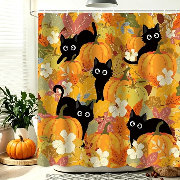 Halloween Black Cat Shower Curtain Fall Pumpkin Maple Leaves Fabric Bathroom Decor Sets with 12 Hooks 71x71 inches
