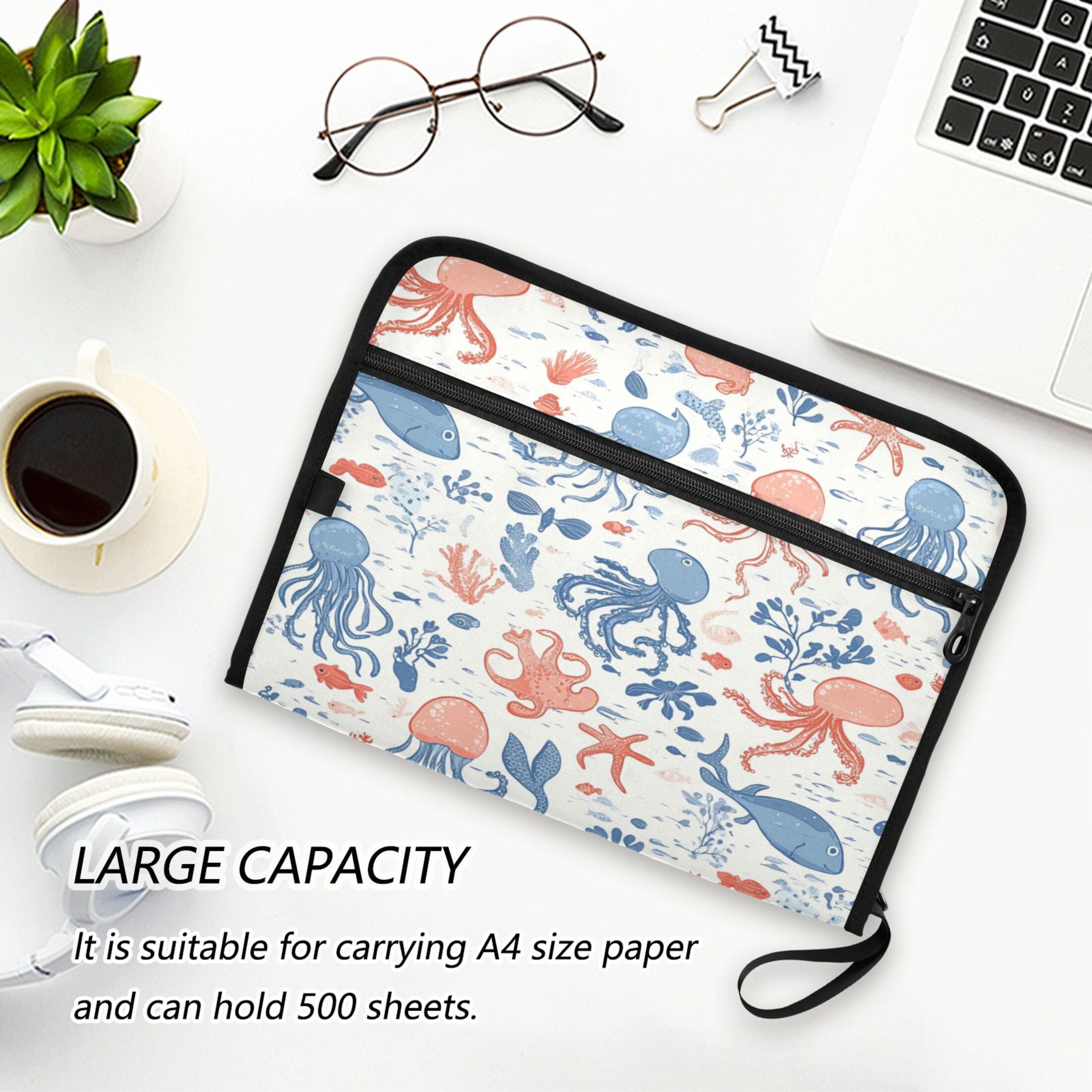 Accordion File Organizer with Zip Closure 13 Pockets Expanding File Folder Letter A4 Paper Document Organizer for Home Office Pastel Colors Sea Creatures