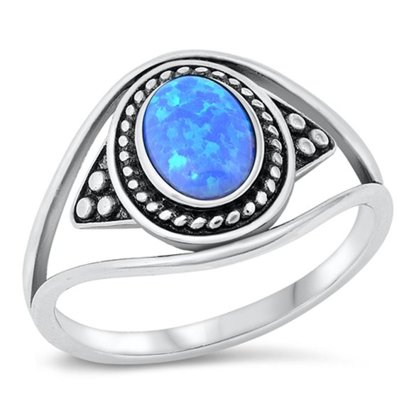 CHOOSE YOUR COLOR Bali Oval Blue Simulated Opal Promise Ring .925 Sterling Silver Band CZ Female Size 9