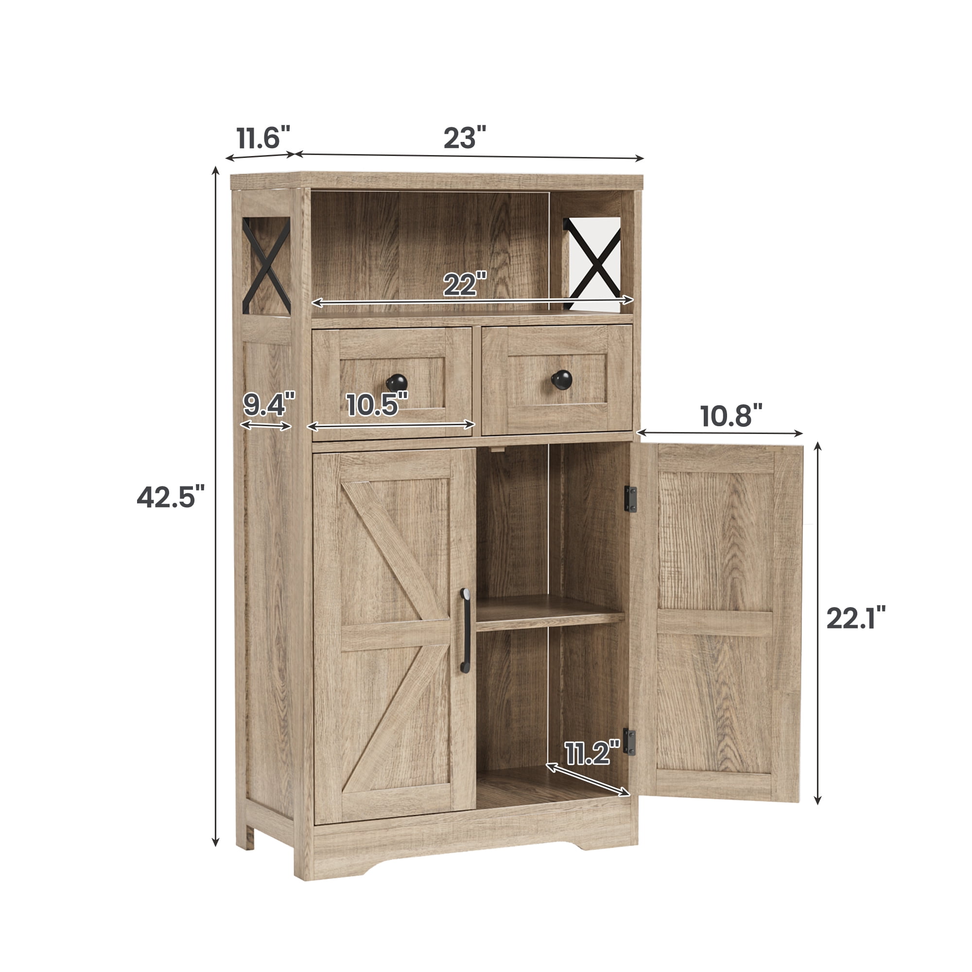 Farmhouse Storage Cabinet with Drawers and Shelves, Natural