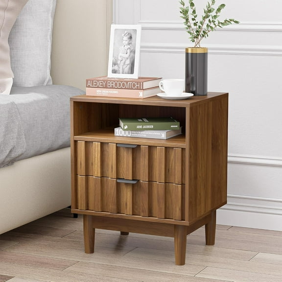 Fluted Nightstand Set of 1,Night Stand with Solid Wood Legs,Bedside Table with 2 Storage Drawers and Open Wood Shelf,Modern End Side Table for Bedroom,Living Room, Walnut