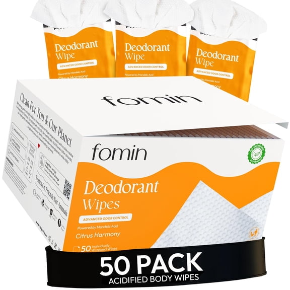 FOMIN Acidified Travel Deodorant Wipes For Women & Men - 50 Count - Citrus Harmony - pH Balanced, Mini Deodorant Travel Size Wipes - Plastic-Free, Individually Wrapped Underarm Body Wipes