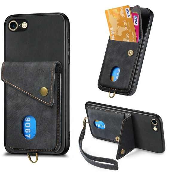 Nalacover for iPhone 7 Plus/8 Plus, Slim Case Wallet with Credit Card Holder, Back Flip Premium Leather Magnetic Clasp Kickstand Wirst Hand Strap Shockproof Cover For iPhone 7 Plus/8 Plus, Black