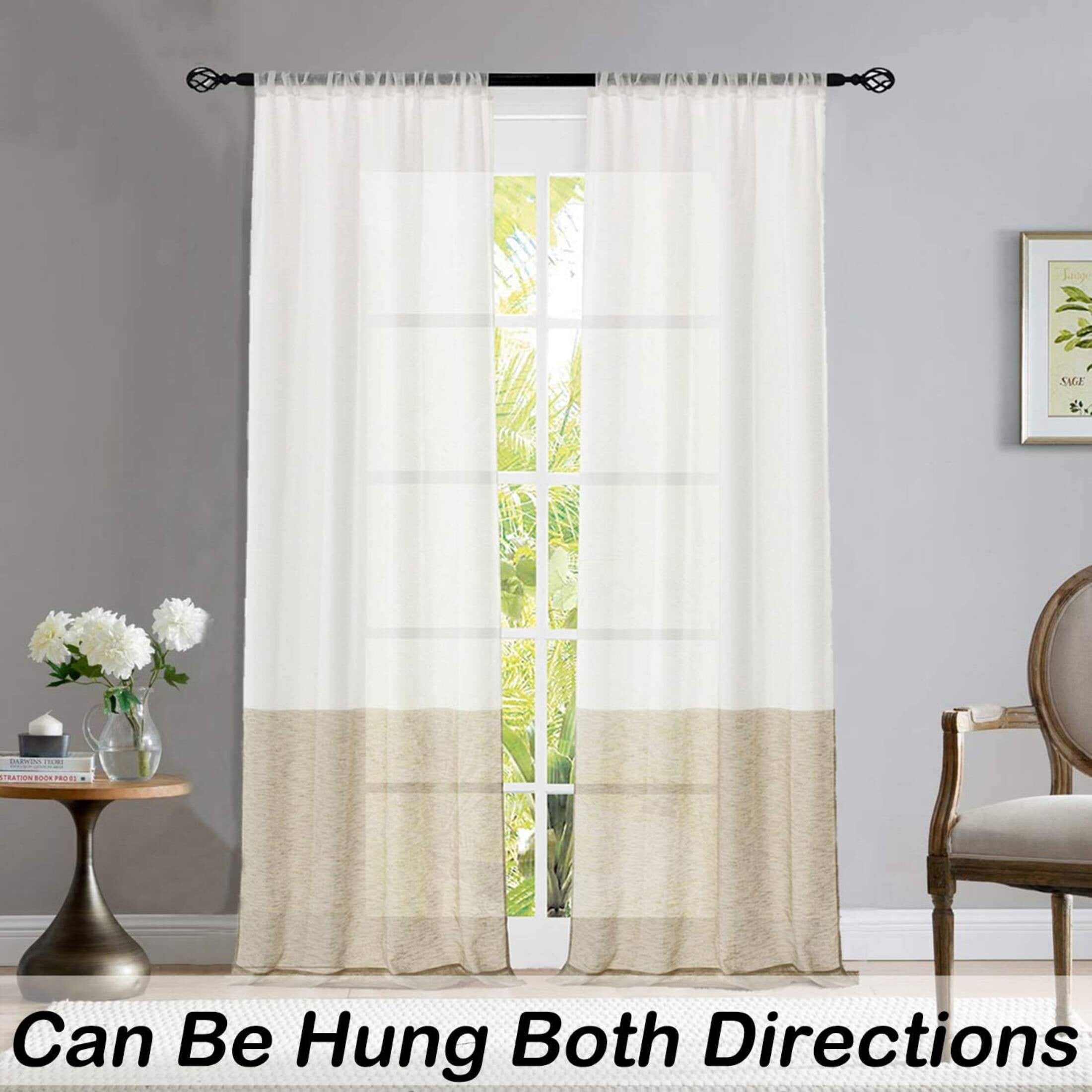 Uptown Home Tan White Sheer Linen Rustic Drapes for Bedroom Color Block Filtering Light Window Curtain Panels with Rod Pocket, 50"x95"x2