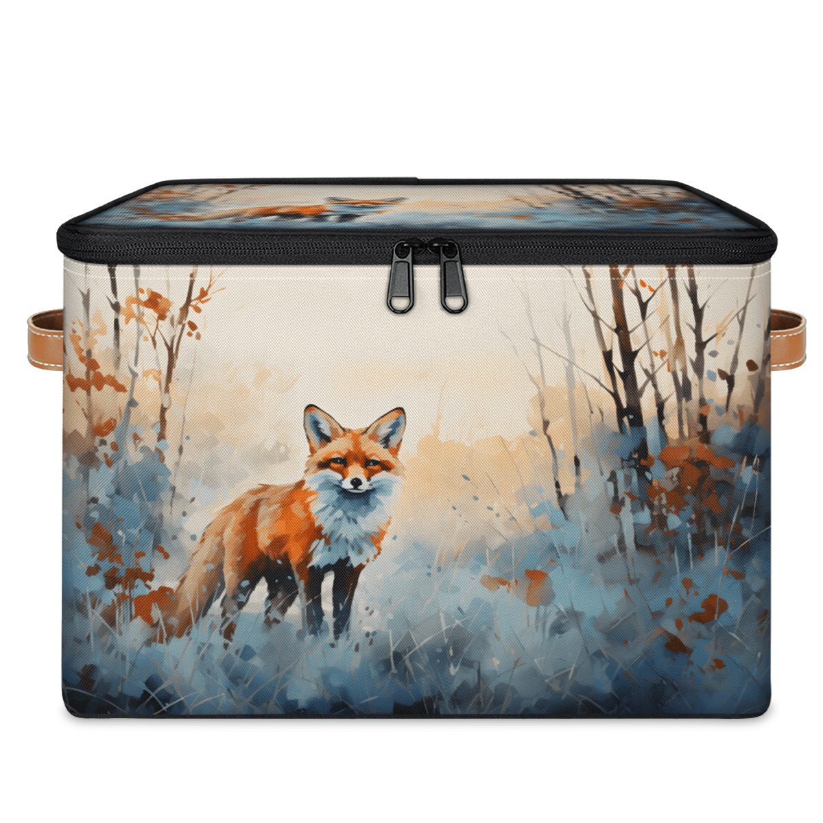 CURLYOOT Watercolor Fox Storage Bin with Zipper Lid, Fabric Decorative Lidded Storage Baskets Boxes, Foldable Organizer Container Basket for Bedroom Closet Shelf