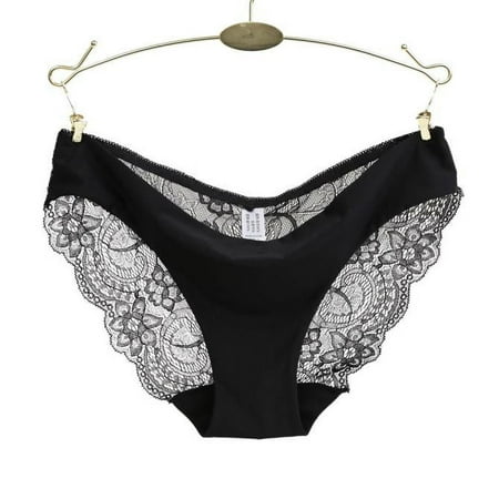Women Underwear Brief lace Panties Seamless Cotton Panty Hollow Black M