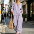 thumbnail image 4 of Women Striped Casual Two Piece Outfit, V-Neck Three Quarter Sleeve Top And Wide Leg Pants, Soft Loose Fashion Co-Ord Set For Everyday Leisure Wear Purple XXL, 4 of 7