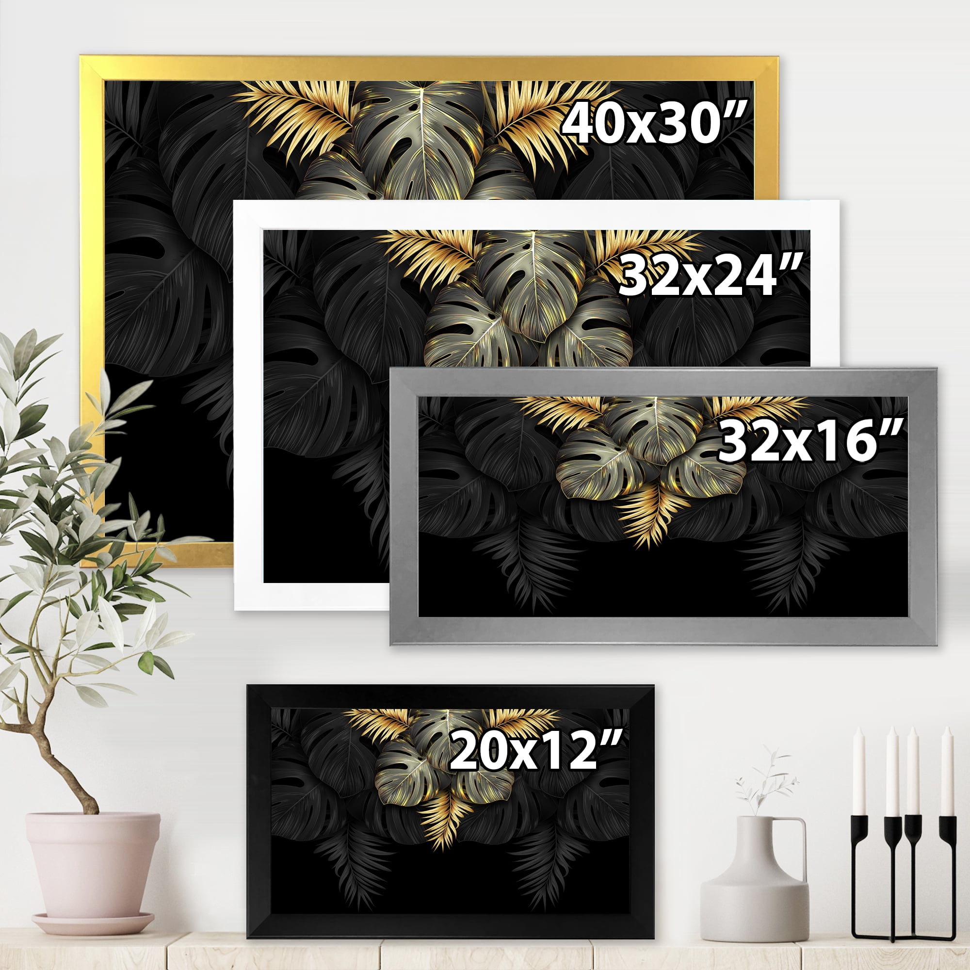 Designart 'Gold and Black Tropical Leaves IV' Modern Framed Art Print