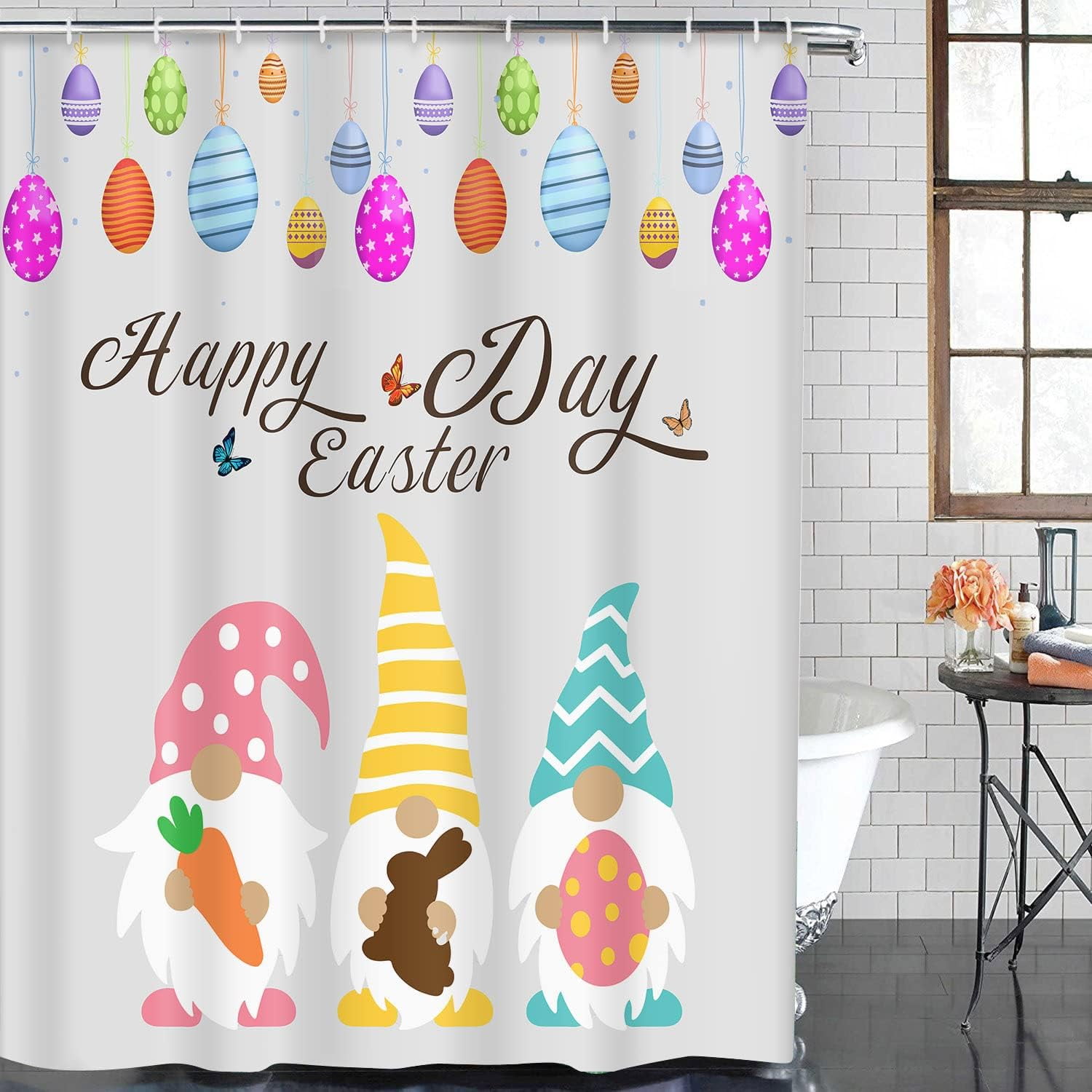 4 Pcs Shower Curtain Set Happy Easter Brown Bunny Bottom Pink Rabbit with Non-Slip Rugs Toilet Lid Cover and Bath Mat Bathroom Decor Set 72 x 72 inch