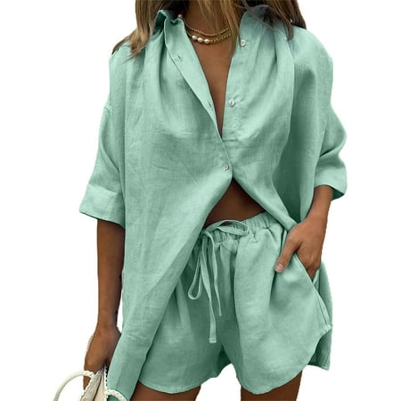 

Askfv Pajamas for Women Pjs Two Piece Button Short Set Shirt Suit