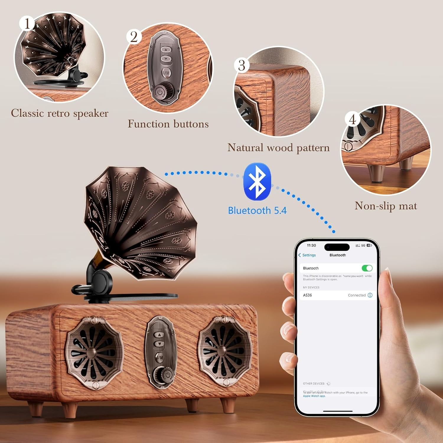 Imego Retro Bluetooth Speaker with 5.4, FM Radio, USB/TF/AUX Playback, Rich Bass, Vintage Wireless Speaker for Home & Office Decor