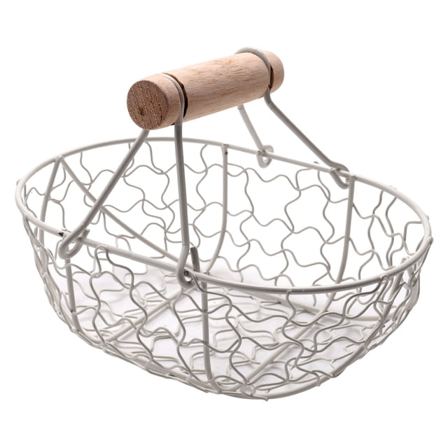 Wooden Handle Metal Retro Basket Portable Multi-Function Vegetable Fruit Egg Groceries Practical Storage Basket Organizer White