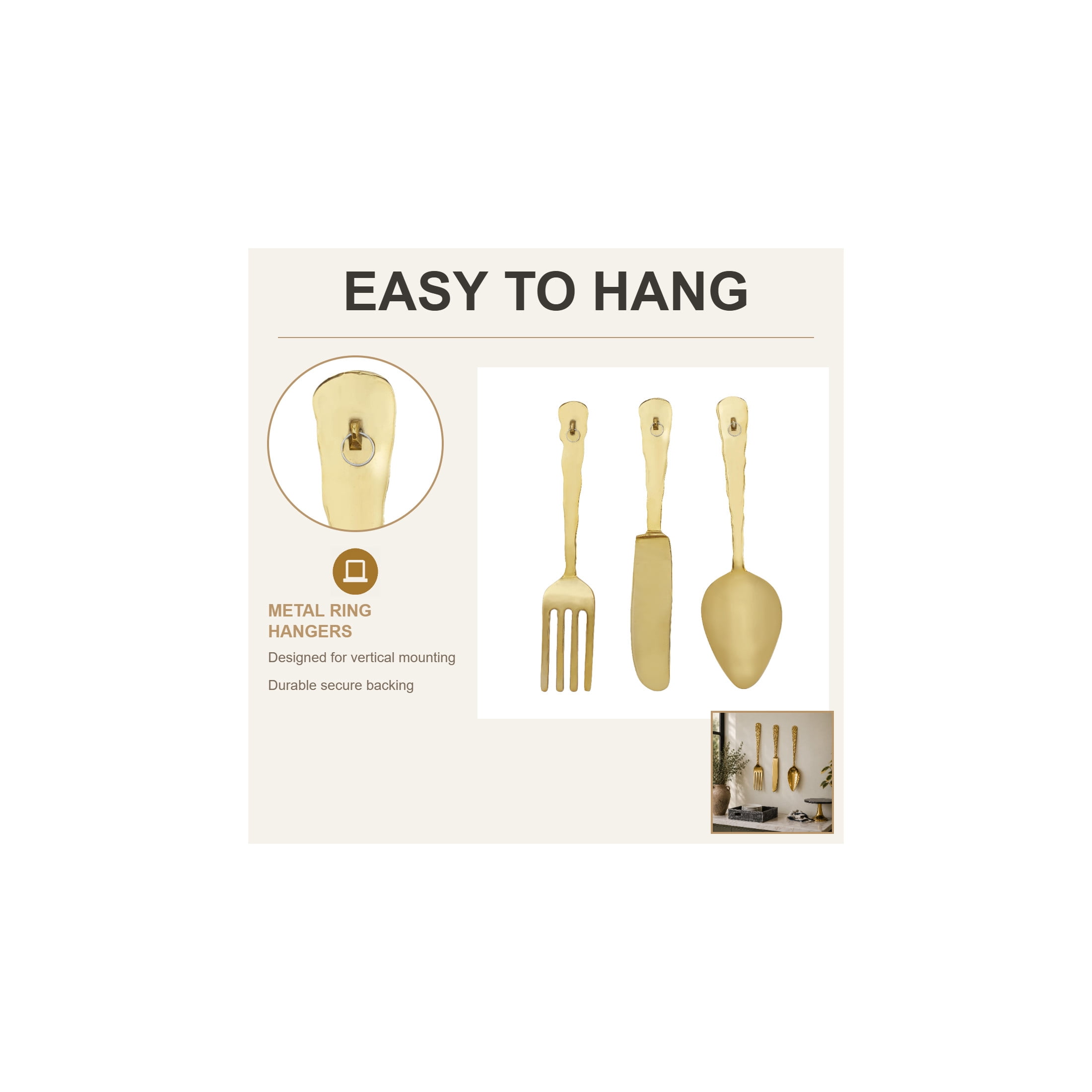 DecMode Gold Aluminum Metal Knife, Spoon and Fork Utensils Wall Decor (3 Count)