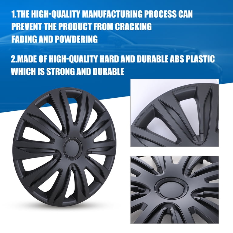 Set Of 4 Black Snap-On Hub Caps For 15 Inch Steel Rims - Full Wheel Cover, Glossy ABS Plastic