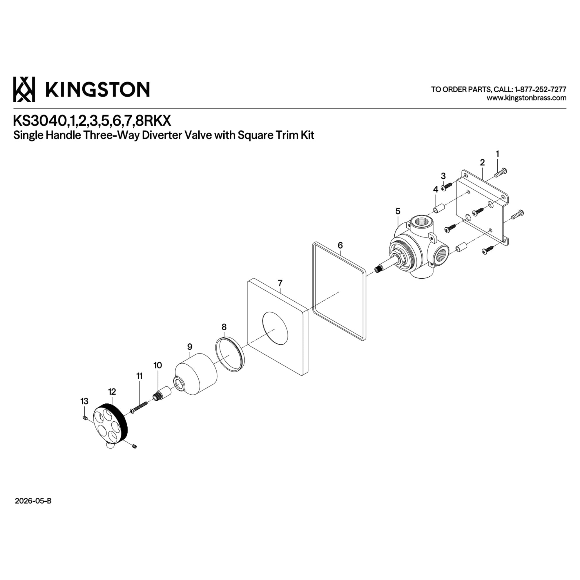 Kingston Brass KS3043RKX Webb Single-Handle Three-Way Diverter Valve with Square Trim Kit in Antique Brass