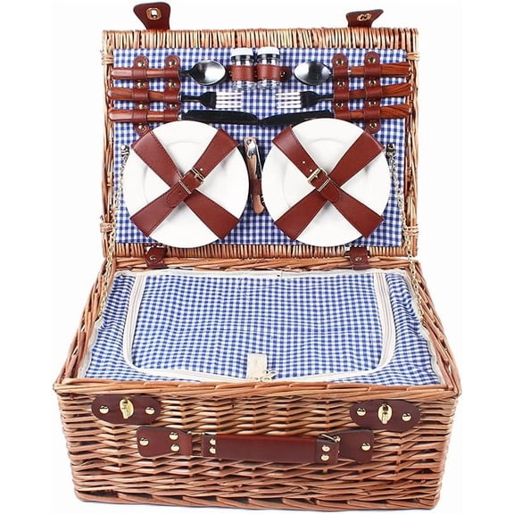 Picnic Basket for 4 - Handmade Willow Picnic Hamper with Insulated Cooler Compartment 18Pcs Cutlery Set for Ourdoor, Family, Camping, Party (4 Person)