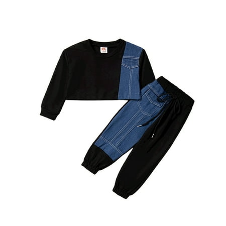 

PBaeM Toddler Baby Girls Colorblock Denim Long Sleeve Top And Trousers 2Pcs Outfit Sets