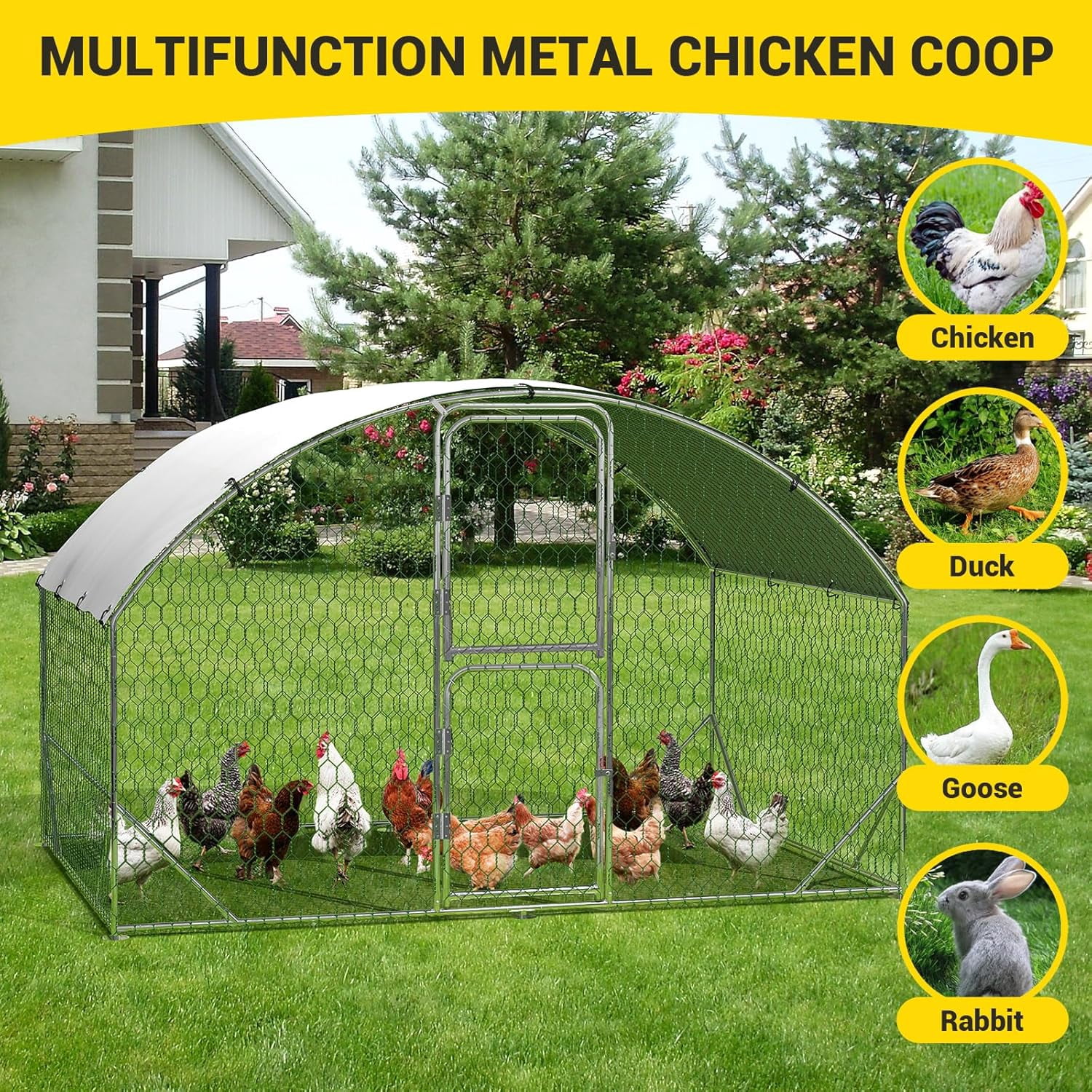 Large Metal Chicken Coop, Metal Chicken Run with Reinforced Triangle Support & Double Doors, Outdoor Walk-in Poultry Cage for Yard