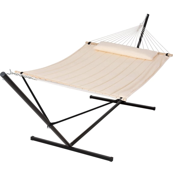 SUNCREAT Double Outdoor Hammock with 15 ft Stand, Standing Patio Hammocks for Outside, Beige