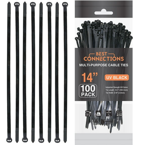 BEST CONNECTIONS Cable Ties with Metal Tooth Stainless Steel 14.5" Length 100 pack