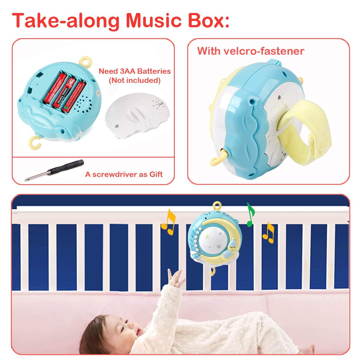 Mini Tudou Baby Musical Mobile Crib with Music and Lights, Timing Function, Projection,Hanging Rattle and Music Box for Babies Boy Girl Toddler 0 to 24 Months