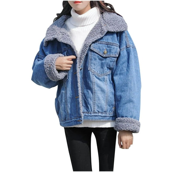 Zpanxa Women's Velvet Denim Jacket Soft Casual Long Sleeve Hooded Loose Fit with Front Pockets Stylish Streetwear for Women Blue S