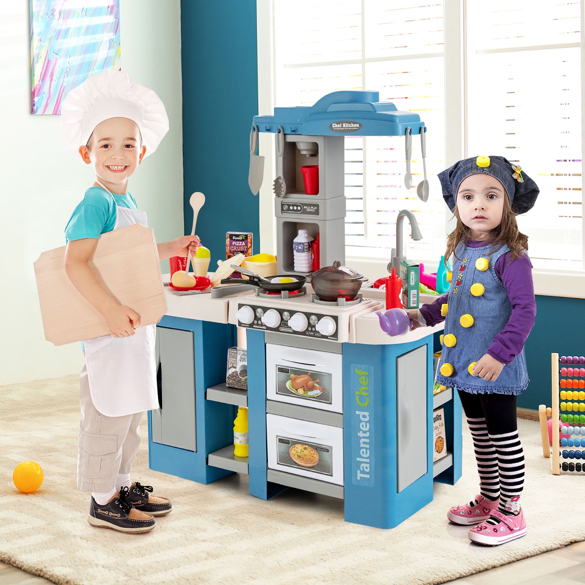 Costway Kids Play Kitchen Set 69PC Kitchen Playset Toys W/ Realistic Lights  & Sounds Blue